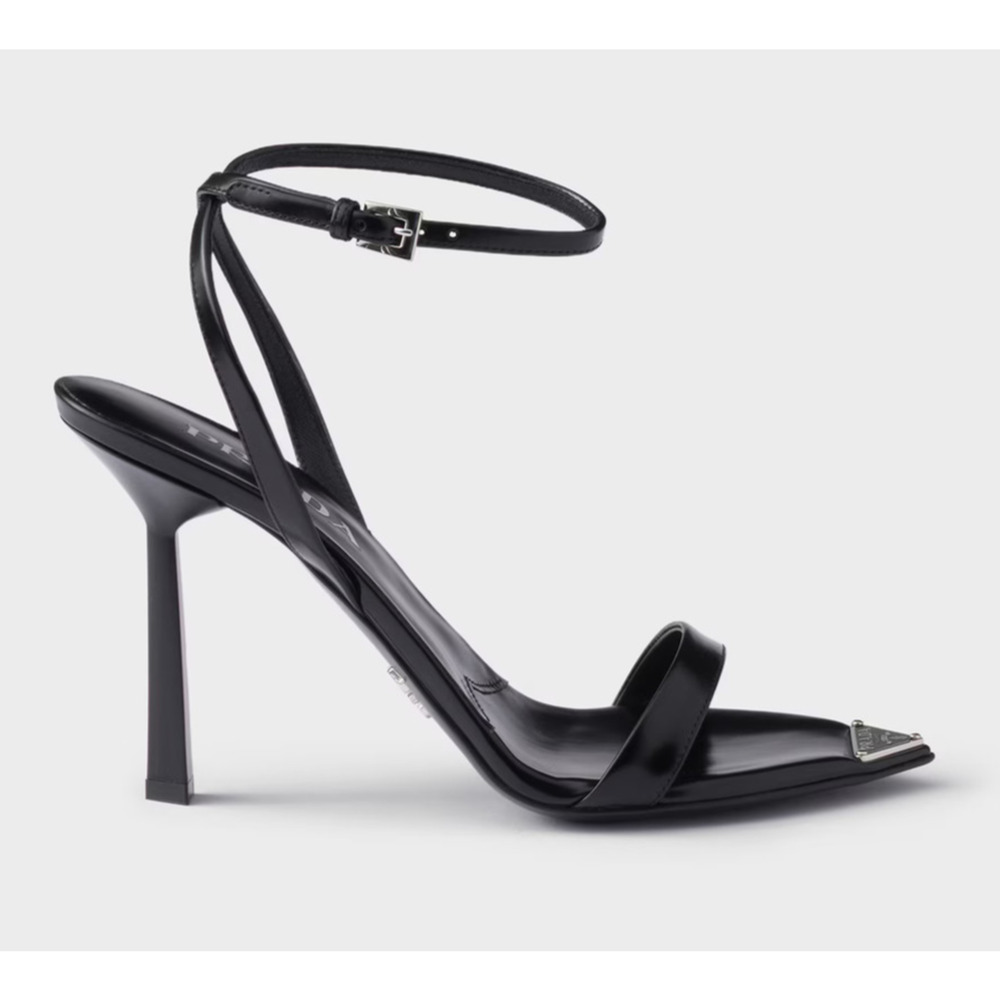 Prada Black Brushed Leather Pointed Toe Logo Ankle Strap Heel Sandal Pump 38